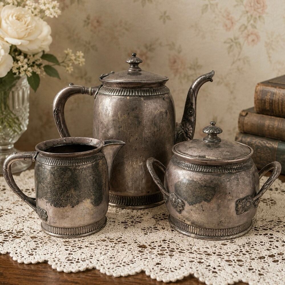 Vintage MFD Reed & Barton Silver Plate Coffee Tea Set 3 Pc Creamer Sugar 3131